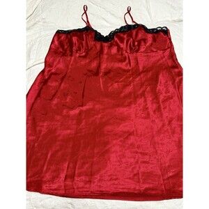 EUC Cherry Red Satin Slip Dress 2X Black Lace Trim Y2K Nightwear Daywear Glam